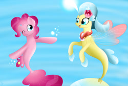 Size: 1280x861 | Tagged: safe, artist:envygirl95, pinkie pie, princess skystar, seapony (g4), blue eyes, bubble, female, fin wings, fins, flower, flower in hair, jewelry, lesbian, necklace, one eye closed, pearl necklace, seaponified, seapony pinkie pie, seashell necklace, shipping, skypie, species swap, underwater, water, wings, wink