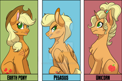 Size: 800x533 | Tagged: safe, artist:itstaylor-made, applejack, earth pony, pegasus, pony, unicorn, alternate cutie mark, applejewel, beauty mark, cowboy hat, deviantart watermark, female, flapplejack, hat, looking at you, mare, race swap, unicorn applejack, watermark