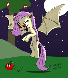 Size: 900x1032 | Tagged: safe, artist:cartoon-eric, fluttershy, bat pony, apple, apple tree, bat ponified, flutterbat, food, moon, night, race swap, stars, tree