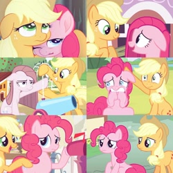 Size: 960x960 | Tagged: safe, edit, editor:lisaloudleijon, screencap, applejack, pinkie pie, earth pony, pony, magical mystery cure, my little pony: the movie, wonderbolts academy, yakity-sax, applepie, collage, consoling, cute, cute moments, female, helps, lesbian, pinkamena diane pie, shipping