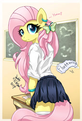 Size: 950x1400 | Tagged: safe, artist:joakaha, fluttershy, anthro, chalkboard, clothes, cute, female, looking back, mare, school uniform, shyabetes, solo, wingless, wingless anthro