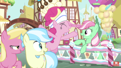 Size: 1334x750 | Tagged: safe, screencap, cultivar, lily, lily valley, minty, pinkie pie, earth pony, pony, g3, g4, sundae sundae sundae, spoiler:interseason shorts, female, fence, g3 to g4, generation leap, hat, mare, official recolor, recolor, youtube, youtube link
