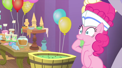 Size: 1280x720 | Tagged: safe, screencap, pinkie pie, earth pony, pony, sundae sundae sundae, spoiler:interseason shorts, balloon, bucket, female, food, ice cream, ice cream cone, mare, melted ice cream, solo