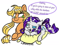 Size: 1280x1006 | Tagged: safe, artist:lavendire, applejack, rarity, earth pony, pony, unicorn, cute, darling, female, lesbian, pillow, rarijack, shipping