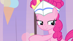 Size: 1920x1080 | Tagged: safe, screencap, pinkie pie, earth pony, pony, sundae sundae sundae, spoiler:interseason shorts, female, hat, lidded eyes, mare, solo, youtube link