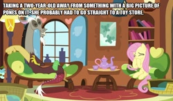 Size: 854x500 | Tagged: safe, edit, edited screencap, screencap, discord, fluttershy, pegasus, pony, make new friends but keep discord, caption, duo, fluttershy's cottage, fluttershy's cottage (interior), image macro, laughing, story, text