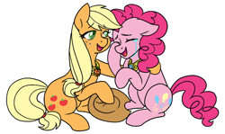 Size: 1280x761 | Tagged: safe, artist:/d/non, applejack, pinkie pie, earth pony, pony, applejack's hat, applepie, comforting, cowboy hat, crying, duo, element of honesty, element of laughter, female, floppy ears, freckles, happy, hat, lesbian, mare, open mouth, raised hoof, shipping, simple background, sitting, smiling, white background