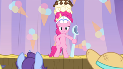 Size: 1920x1080 | Tagged: safe, screencap, pinkie pie, earth pony, pony, sundae sundae sundae, spoiler:interseason shorts, bipedal, dexterous hooves, female, hat, hoof hold, human pose, mare, solo focus, spoon