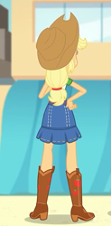 Size: 351x715 | Tagged: safe, screencap, applejack, better together, equestria girls, rollercoaster of friendship, belt, boots, clothes, cowboy boots, cowboy hat, cropped, denim skirt, female, freckles, hat, shoes, skirt, stetson