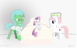 Size: 5192x3245 | Tagged: safe, artist:ask-sketch-up, nurse redheart, sweetie belle, oc, oc:deep injection, bed, ekg, electrocardiogram, frown, hospital, iv, sleeping