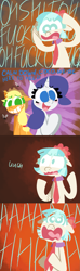 Size: 647x2196 | Tagged: safe, artist:alittleofsomething, applejack, coco pommel, rarity, earth pony, pony, unicorn, made in manehattan, aaaaaaahhhhh, female, lineless, mare, panic, screaming, vulgar, wavy mouth