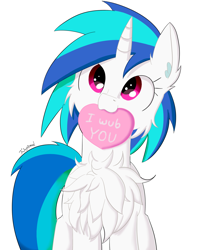 Size: 1500x1700 | Tagged: safe, artist:fajnyziomal, dj pon-3, vinyl scratch, pony, unicorn, cheek fluff, chest fluff, cute, ear fluff, female, fluffy, heart, holiday, mare, mouth hold, simple background, solo, valentine, valentine's day, vinylbetes, white background