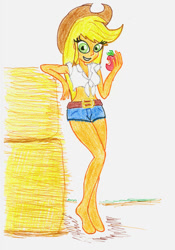 Size: 400x571 | Tagged: safe, artist:matmax426, applejack, human, barefoot, clothes, feet, female, humanized, looking at you, simple background, traditional art, white background