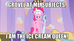 Size: 600x337 | Tagged: safe, edit, edited screencap, screencap, november rain, pinkie pie, earth pony, pony, sundae sundae sundae, spoiler:interseason shorts, bipedal, caption, female, friendship student, hat, image macro, impact font, mare, spoon, text