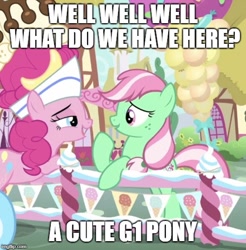 Size: 500x508 | Tagged: safe, edit, edited screencap, screencap, minty, pinkie pie, earth pony, pony, g3, g4, sundae sundae sundae, spoiler:interseason shorts, caption, cropped, female, fence, food, g3 in the comments, g3 to g4, generation leap, hat, ice cream, image macro, impact font, lesbian, mare, meme, mintypie, op is wrong, ponyville, shipping, sundae, text, wrong, wrong generation, you had one job