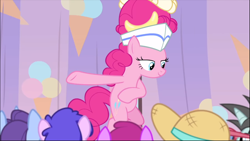 Size: 1368x770 | Tagged: safe, screencap, pinkie pie, earth pony, pony, sundae sundae sundae, spoiler:interseason shorts, bipedal, curtains, female, food, hat, ice cream, lidded eyes, mare, smiling, solo focus