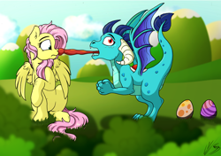 Size: 4260x3000 | Tagged: safe, artist:lupiarts, artist:snoopystallion, fluttershy, princess ember, dragon, pegasus, pony, collaboration, sweet and smoky, anus, belly button, comic sins, derp, dragoness, duo, egg, female, frown, grass, imminent vore, implied oviposition, laying an egg, leg fluff, licking, looking back, mare, nudity, pose, raised hoof, silly, simplistic anus, spread wings, surprised, this will end in tears, tongue out, wat, wide eyes, wing fluff, wings, yoshi