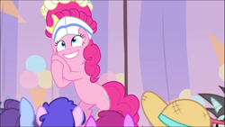 Size: 1368x770 | Tagged: safe, screencap, berry punch, berryshine, neon lights, november rain, pinkie pie, rising star, earth pony, pony, sundae sundae sundae, spoiler:interseason shorts, background pony, bipedal, crossed hooves, curtains, female, friendship student, hat, mare, smiling, solo focus