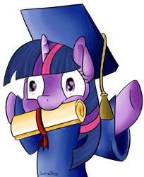 Size: 2860x3500 | Tagged: safe, artist:sunrise-shine-02, twilight sparkle, pony, atg 2017, bipedal, diploma, female, graduation, hooves in air, mare, mouth hold, newbie artist training grounds, scroll, simple background, solo, white background