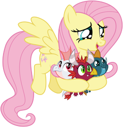 Size: 6000x6186 | Tagged: safe, artist:pirill, baby cinder, baby rubble, baby sparks, fluttershy, dragon, pegasus, pony, sweet and smoky, .ai available, absurd resolution, baby, baby dragon, cute, dragoness, female, flying, male, mare, shyabetes, simple background, transparent background, vector