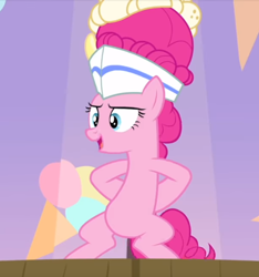 Size: 650x693 | Tagged: safe, screencap, pinkie pie, earth pony, pony, sundae sundae sundae, spoiler:interseason shorts, bipedal, cropped, curtains, female, hat, hooves behind back, mare, open mouth, solo