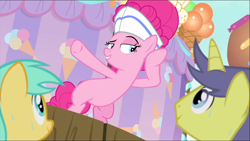 Size: 1366x770 | Tagged: safe, screencap, pinkie pie, earth pony, pony, sundae sundae sundae, spoiler:interseason shorts, bipedal, curtains, female, hat, listening, mare, raised eyebrow, smiling, smirk, smug, solo focus, sweat, underhoof