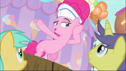 Size: 1368x771 | Tagged: safe, screencap, pinkie pie, earth pony, pony, sundae sundae sundae, spoiler:interseason shorts, bipedal, curtains, female, hat, listening, mare, raised eyebrow, smiling, smirk, smug, solo focus, sweat, underhoof