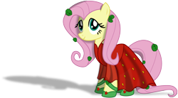 Size: 4000x2212 | Tagged: safe, artist:albert238391, fluttershy, pegasus, pony, beautiful, clothes, cute, dress, female, food, fruit, hoof shoes, leaves, mare, shadow, shyabetes, simple background, smiling, solo, strawberry, transparent background, vector