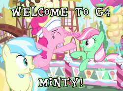 Size: 976x728 | Tagged: safe, edit, edited screencap, screencap, minty, pinkie pie, earth pony, pony, g3, sundae sundae sundae, spoiler:interseason shorts, cropped, female, food, freckles, g3 to g4, generation leap, hat, ice cream, mare, ponyville, sweat, text