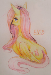 Size: 600x880 | Tagged: safe, artist:ecolinegd, edit, fluttershy, pegasus, pony, big ears, blushing, cropped, female, looking at you, mare, simple background, solo, traditional art