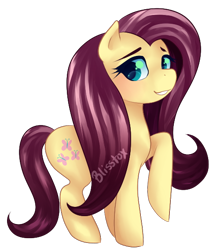 Size: 484x568 | Tagged: safe, artist:blisstox, fluttershy, pegasus, pony, blushing, female, looking sideways, mare, raised hoof, simple background, smiling, solo, transparent background