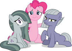 Size: 6823x4871 | Tagged: safe, artist:tomfraggle, limestone pie, marble pie, pinkie pie, earth pony, pony, absurd resolution, blank flank, female, looking at you, mare, missing cutie mark, pie sisters, siblings, simple background, sisters, transparent background, trio, vector