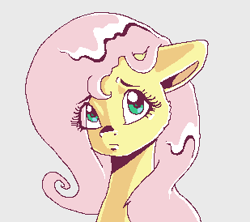 Size: 309x274 | Tagged: safe, artist:smirk, part of a set, fluttershy, pegasus, pony, bust, cute, eye clipping through hair, gray background, ms paint, pixel art, portrait, shyabetes, simple background, solo