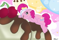 Size: 1000x680 | Tagged: safe, artist:parn, pinkie pie, pony, cake, food, ice cream, smiley face, solo