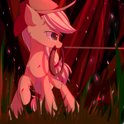 Size: 1500x1500 | Tagged: safe, artist:heddopen, applejack, earth pony, pony, female, forest, hat, mare, mouth hold, raised hoof, rope, solo