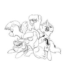 Size: 2734x2322 | Tagged: safe, artist:wlemin, oc, oc only, oc:gyro tech, oc:mushroom sushi, oc:mushrooshi, oc:silver eagle, oc:the4thaggie, oc:weareborg, earth pony, pegasus, pony, unicorn, borg, male, monochrome, sketch, stallion