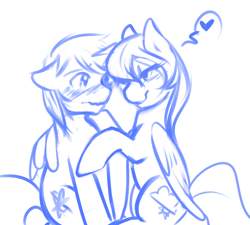 Size: 1000x900 | Tagged: safe, artist:azure-doodle, cloud kicker, oc, oc:gyro tech, pony, unicorn, blushing, canon x oc, cloudro, female, heart, hug, looking at each other, male, mare, monochrome, shipping, sketch, smiling, stallion, straight, winghug