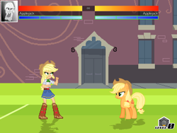 Size: 640x480 | Tagged: safe, artist:toonalexsora007, applejack, pony, fighting is magic, equestria girls, belt, boots, canterlot high, clothes, cowboy hat, denim skirt, freckles, hat, human ponidox, mugen, self ponidox, shoes, skirt, soccer field, stetson