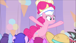 Size: 1368x770 | Tagged: safe, screencap, berry punch, berryshine, neon lights, november rain, pinkie pie, plumberry, rising star, earth pony, pony, sundae sundae sundae, spoiler:interseason shorts, background pony, bipedal, curtains, female, friendship student, hat, mare, smiling, solo focus