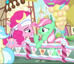 Size: 889x771 | Tagged: safe, screencap, minty, pinkie pie, earth pony, pony, sundae sundae sundae, spoiler:interseason shorts, cropped, duo focus, female, freckles, hat, leaning, lidded eyes, looking at each other, mare, open mouth, raised hoof
