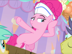 Size: 920x701 | Tagged: safe, screencap, comet tail, pinkie pie, sunshower raindrops, earth pony, pony, sundae sundae sundae, spoiler:interseason shorts, bipedal, cropped, curtains, female, hat, listening, mare, raised eyebrow, raised hoof, smiling, smirk, smug, solo focus, underhoof