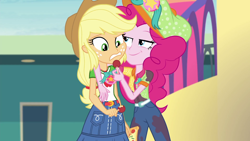 Size: 1920x1080 | Tagged: safe, screencap, applejack, pinkie pie, better together, equestria girls, rollercoaster of friendship, candy, food, fun inspector, fun inspector pinkie, lollipop