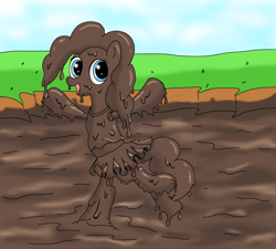 Size: 2000x1800 | Tagged: safe, artist:amateur-draw, pinkie pie, pony, bipedal, cheerleader, cheerleader outfit, clothes, covered in mud, female, happy, looking at you, mare, messy, mud, mud pony, muddy, one leg raised, skirt, solo, wet and messy