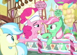 Size: 837x594 | Tagged: safe, edit, edited screencap, screencap, cultivar, minty, pinkie pie, pony, sundae sundae sundae, spoiler:interseason shorts, cropped, cute, dialogue, diapinkes, hat, headcanon, ice cream hat, implied derpy, implied dinky, mintabetes, speech bubble