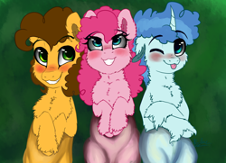 Size: 2146x1555 | Tagged: safe, artist:saphi-boo, cheese sandwich, party favor, pinkie pie, earth pony, pony, unicorn, bisexual, blushing, cheesefavor, cheesepie, crossed hooves, eyebrows visible through hair, female, floppy ears, fluffy, gay, male, mare, on back, one eye closed, ot3, party trio, partycheesepie, partypie, pinkie pie gets all the stallions, polyamory, shipping, smiling, stallion, straight, tongue out, wink