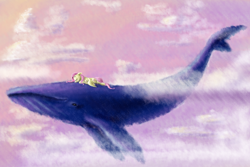 Size: 3000x2000 | Tagged: safe, artist:skipper01, fluttershy, pegasus, pony, whale, dream, duo, eyes closed, female, lying down, lying on top of someone, mare, sky, spread wings, sunset, surreal, wings