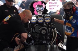 Size: 1440x942 | Tagged: safe, pinkie pie, pony, car, funny car, gas mask, irl, mask, napa, nhra, nitromethane, photo, ponies in real life, race car, thought bubble, worried