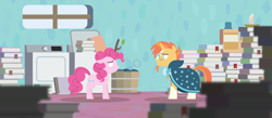 Size: 3925x1707 | Tagged: safe, anonymous artist, pinkie pie, sunburst, earth pony, pony, unicorn, book, candle, clothes, dryer, female, glasses, laundry, laundry basket, laundry detergent, laundry room, male, mare, robe, sad, socks (coat marking), stallion, stick, sunburst is not amused, washing machine, white eyes, window