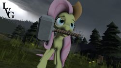 Size: 1280x720 | Tagged: safe, artist:littlevicgreener, fluttershy, pegasus, pony, 3d, applejack's hat, avengers: endgame, cowboy hat, crossover, hammer, hat, marvel, mjölnir, signature, source filmmaker, thor, war hammer