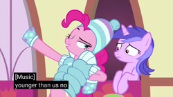 Size: 1920x1080 | Tagged: safe, edit, edited screencap, screencap, pinkie pie, earth pony, pony, unicorn, sundae sundae sundae, spoiler:interseason shorts, caption, female, mare, meme, one eye closed, youtube caption